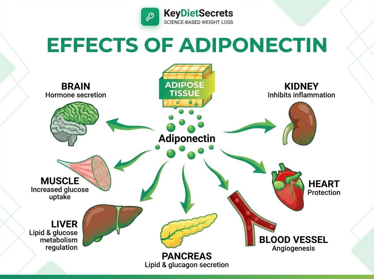 Effects of Adiponectin - A chart describing how the hormone Adiponectin feeds various body functions