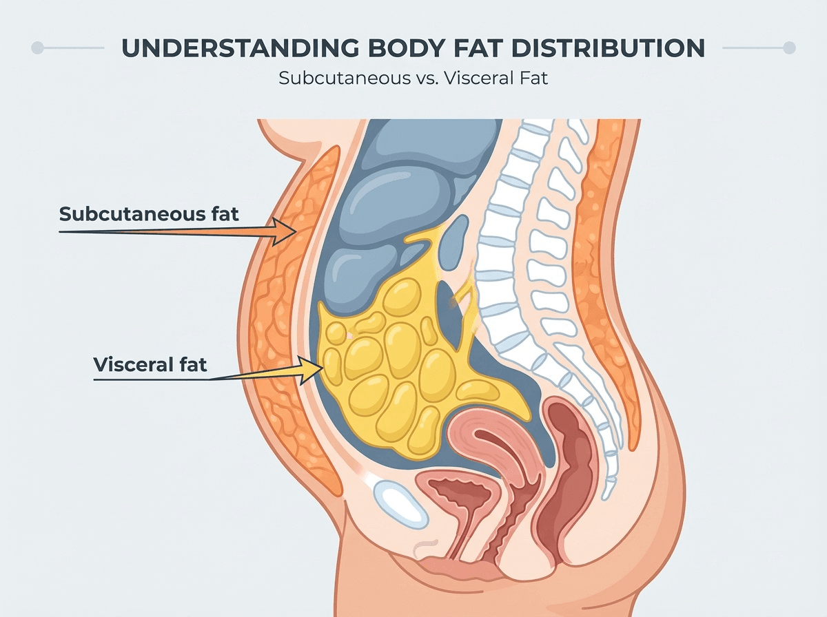 An image explaining body fat distribution - where subcutaneous fat and visceral fat exist in the human body